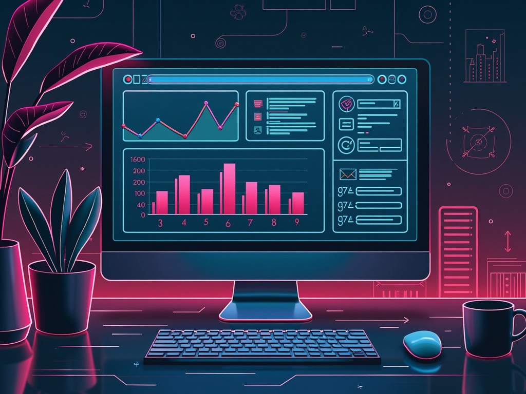 A sleek computer monitor, bathed in neon light, displays website analytics and data visualizations, hinting at the importance of user experience in website design.